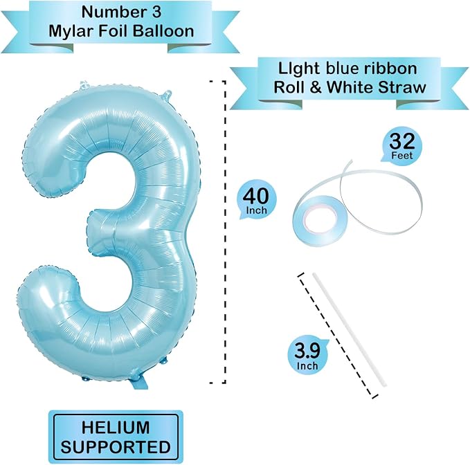 40 Inch Light Blue Number 3 Balloons - Image 3