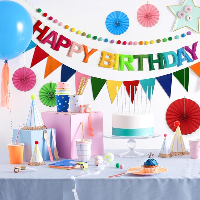 Rainbow 3D Happy Birthday Banner, Pre-Strung Felt Party Decorations | - Image 7