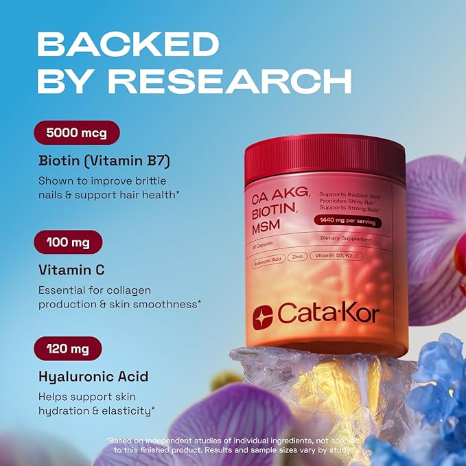 Hair Skin and Nails Supplement with Ca AKG | MSM | Hyaluronic Acid | Biotin | Vitamin C & Vitamin D3 K2 – Supports Radiant Skin, Promotes Shiny Hair & Strong Nails – 90 Capsules (1 Pack)