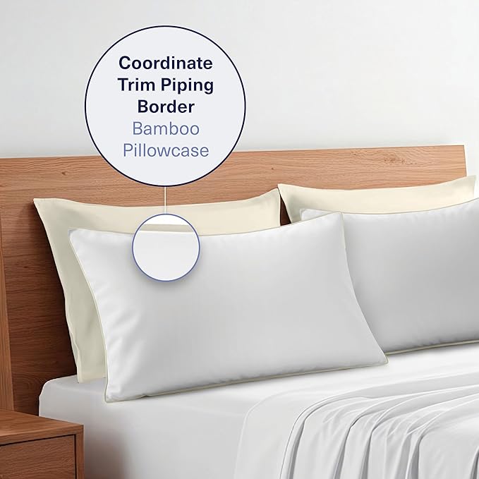 Kickoff Viscose Bamboo Pillowcase, Queen, Set of 2, 100% Organic Hidden Zippered Viscose Bamboo Pillow Case Queen Size, Cooling Pillow Cover for Hot Sleepers (20"x30", Trimmed, Buttercream)