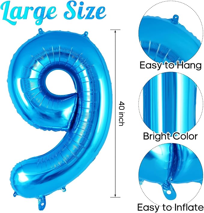 Blue Number 9 Balloon 40 Inch, Big Large Foil Helium Number Balloons, Jumbo - Image 3