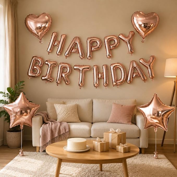 Rose Gold Birthday Decorations, Rose Gold Balloons Happy Birthdays Banner - Image 2