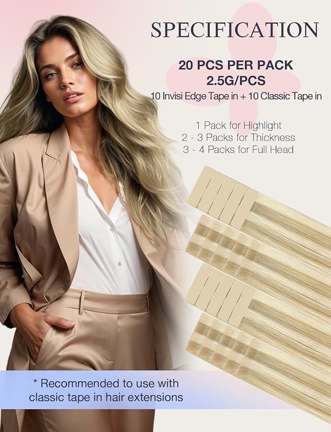 DOORES Invisi Edge Hair Extensions Tape in, Light Blonde Highlighted Golden Blonde 10 Injection Tape-ins with 10 Classic Tape-ins 50g 16 Inch, Virgin Hair Injection Tape in Extensions