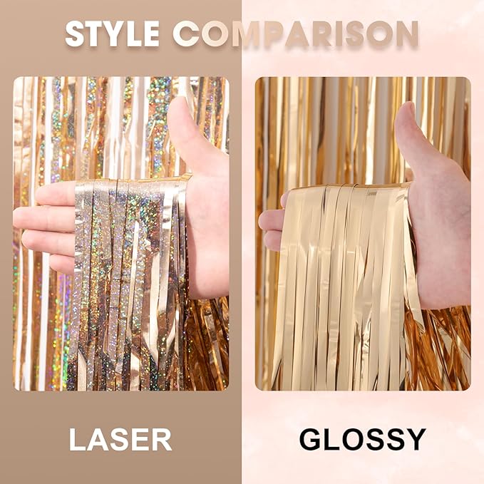 Voircoloria Laser Champagne Foil Backdrop Curtains, 3 Pack | Tinsel Streamers - Image 3
