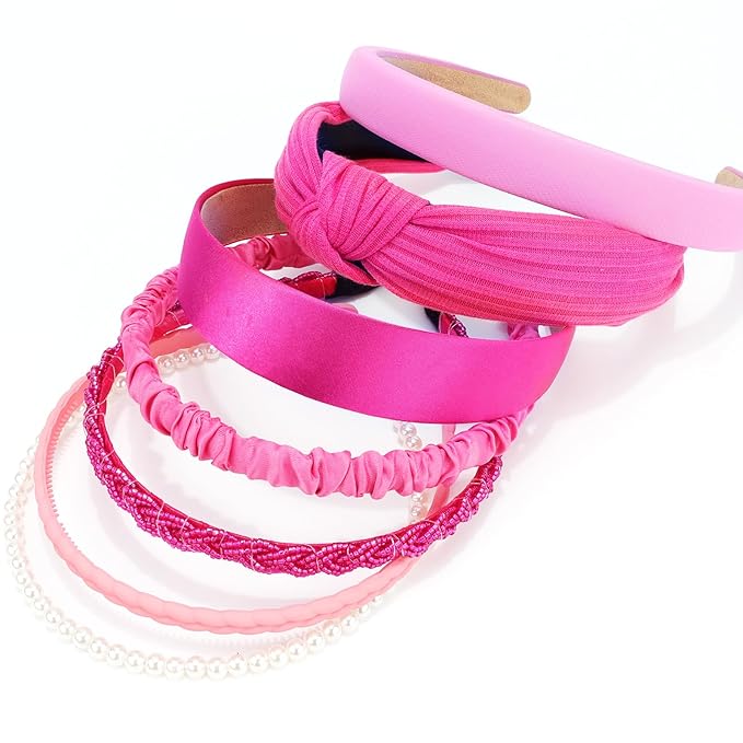 VELSCRUN Headbands for Women 7 Pcs Different Hot Pink Knotted Solid Pearl Head Bands Non Slip Hair Band for Womens Gilrs Thin Thick Short Hair Fashion Accessories