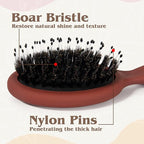 Mini Boar Bristle Hair Brush - Boar & Nylon Bristle Small Brush for Women Kids Long Short Hair to Smooth Add Shine - Travel Size Hair Brush for Purse,Pocket - Red