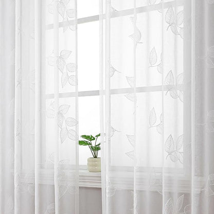White Sheer Curtains Leaf Embroidered 63 Inches Long 2 Panels | Light Filtering - Image 5