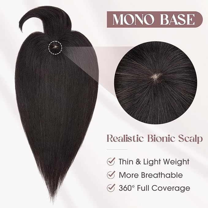 MY-LADY Human Hair Toppers for Women Real Human Hair with Bangs Thin 8.5 * 8.5CM Mono Base Clip in Remy Hairpieces Light Weight 12 Inch Natural Black