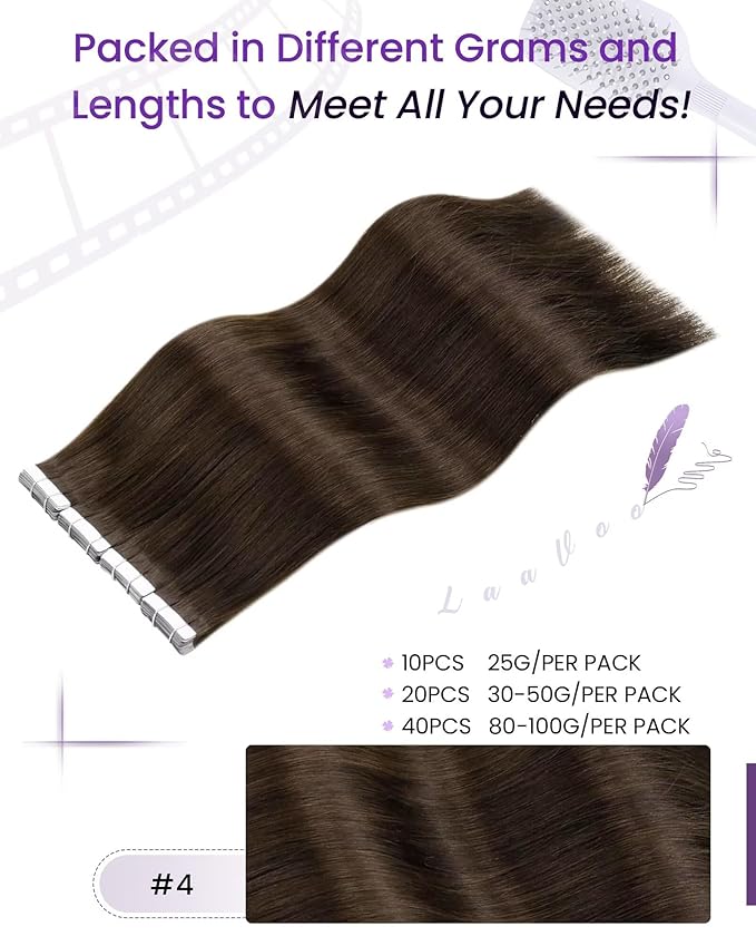 LaaVoo Tape in Hair Extensions Medium Brown Tape in Human Hair Extensions Seamless Hair Extension Tape on Long Hair 24inch 40pcs 100g