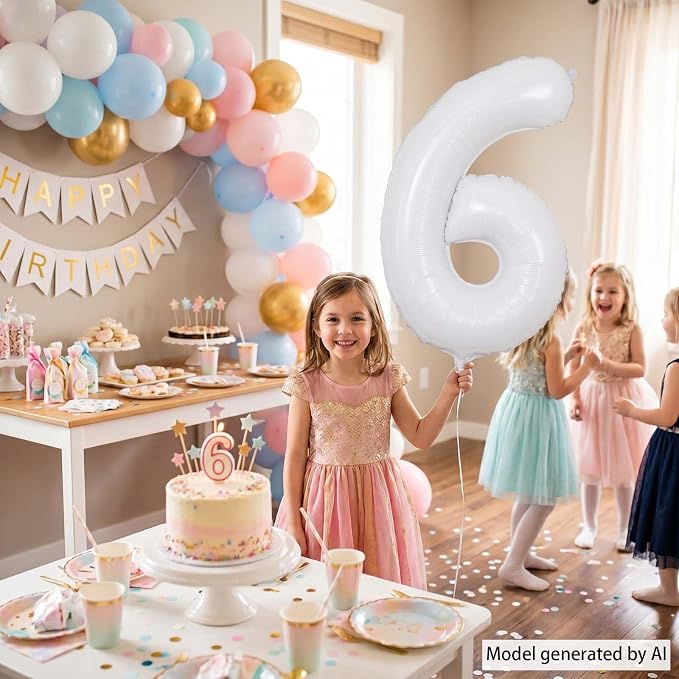 White Number 6 Balloon 40 Inch, Large White Foil Mylar 6th Birthday Decorations - Image 2