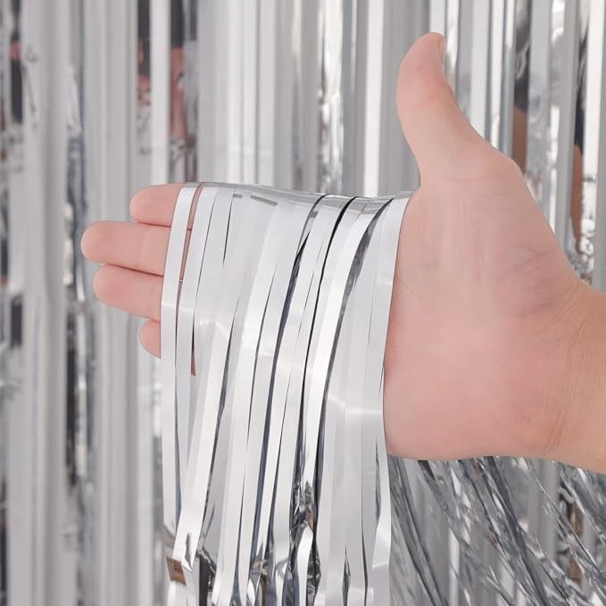 Voircoloria Silver Foil Fringe Backdrop Curtains, 3 Pack | Tinsel Streamers - Image 2