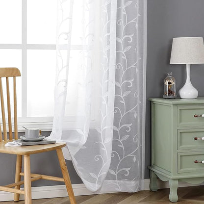 White Sheer Curtains Embroidered Leaves 2 Panels 54Wx120L | Light Filtering - Image 5