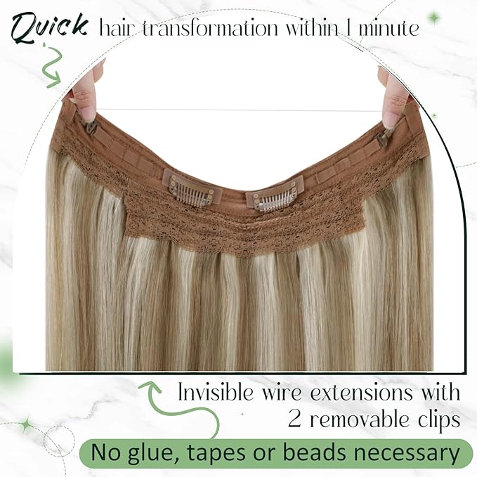 RUNATURE Wire Human Hair Extensions, Blonde Highlight Fish Line Hair Extensions Real Human Hair, Smooth Remy Hair for Women, One Piece Clip in Wire Hair Extensions 18 Inch 80g #8P24