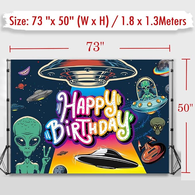 Funny UFO Happy Birthday Decorations Backdrop, Outer Space Universe Flying - Image 5