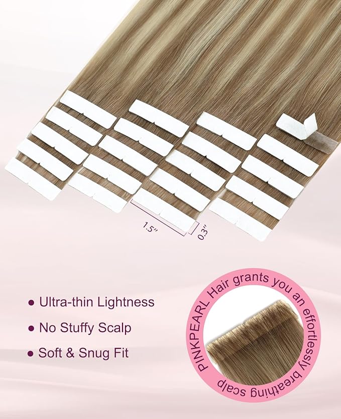Pinkpearl Invisible Tape in Hair Extensions Human Hair, 20pcs 18inch 50g #8T60 Balayage Ash Brown to Platinum Blonde Injection Tape in Extensions Real Remy Seamless Human Hair Injected