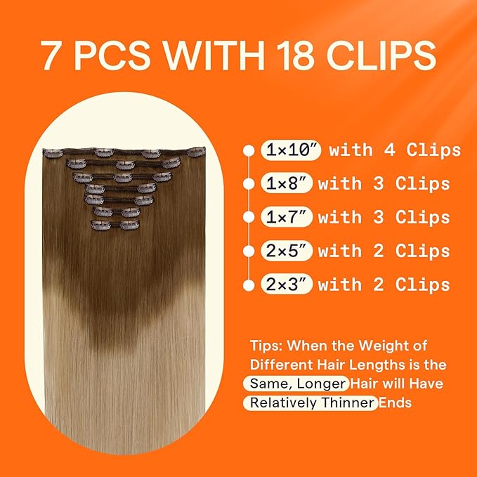 Full Shine Balayage Clip in Hair Extensions Human Hair Blonde Clip in Extensions Human Hair Light Brown to Blonde Remy Clip Hair Double Weft 7 Pcs 12 Inch