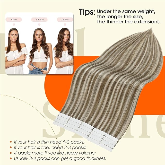 Full Shine Tape in Hair Extensions Invisible Skin Weft Straight Hair Remy Human Hair Extensions Tape ins 50Gram 18 Inch 8 Ash Brown Highlighted 60 White Blonde Seamless Hair Extensions Real Human Hair
