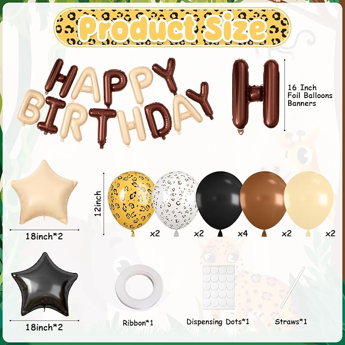 29PC Cream Brown Leopard Happy Birthday Balloon Banner, 16Inch 3D Aluminum - Image 2