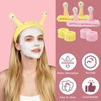 Snail Face Wash Headband Skincare & Wrist Bands for Washing Face Set Cute Spa Headband for Women and Wrist Faces Wash Bands for Shower, Facial Cleaning, Soft Coral Fleece Makeup Headbands,Yellow＆Pink