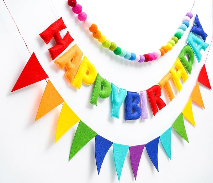 3 Pcs Pre-Strung Happy Birthday Banner, Felt Ball Garland, Pennant Triangle by Unknown