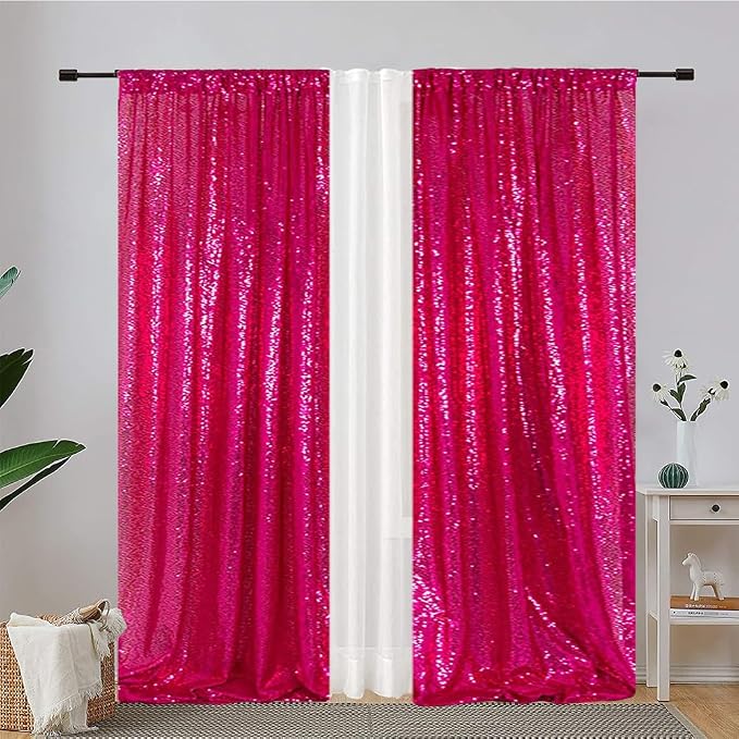 Eternal Beauty Hot Pink Sequin Backdrop Curtains, 2 Panels 2x8FT | 3mm Sparkle - Image 2