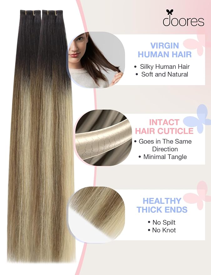 DOORES Invisi Edge Tape in Hair Extensions Human Hair, Dark Brown to Dirty Blonde 10 Injection Tapeins with 10 Injection Tapeins 50g 22 Inch, Injected Tape in Extensions