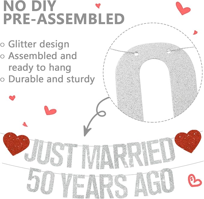 Silver Glitter Just Married 50 Years Ago Banner, NO DIY, Pre-Strung 50th - Image 2