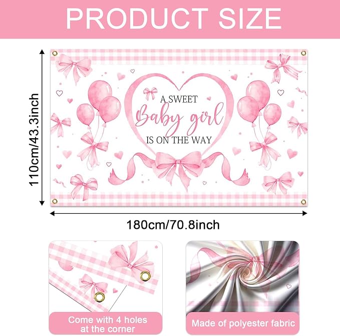 Mocsicka Pink Bow Baby Shower Banner Backdrop - Image 6