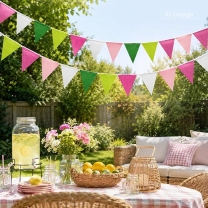 G2PLUS Pre-Strung Burlap Pennant Banners, 39Ft Pink and Green Fabric Triangle - Image 4