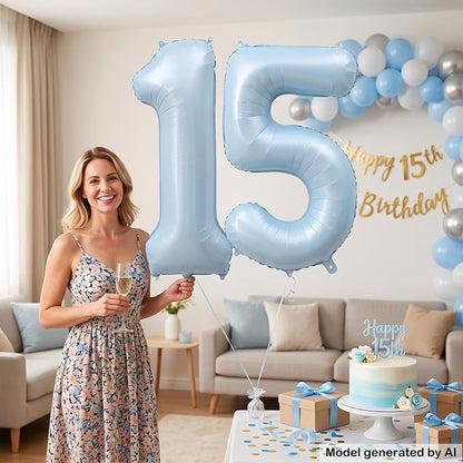 40" Light Blue Foil Number 15 Balloon - Image 3