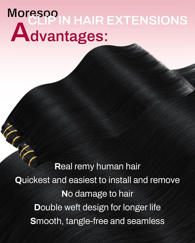 Moresoo Short Clip in Hair Extensions Black Hair Extensions Clip in Real Human Hair Jet Black Double Weft for Women Straight Remy Human Hair 80g/5pcs 12 inch