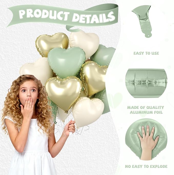 Sage Green Gold Heart Balloons, 18 Inch Olive Green Sand White Foil Balloons - Image 3