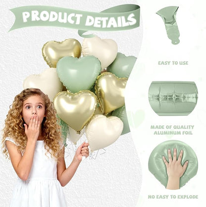 Sage Green Gold Heart Balloons, 18 Inch Olive Green Sand White Foil Balloons - Image 3