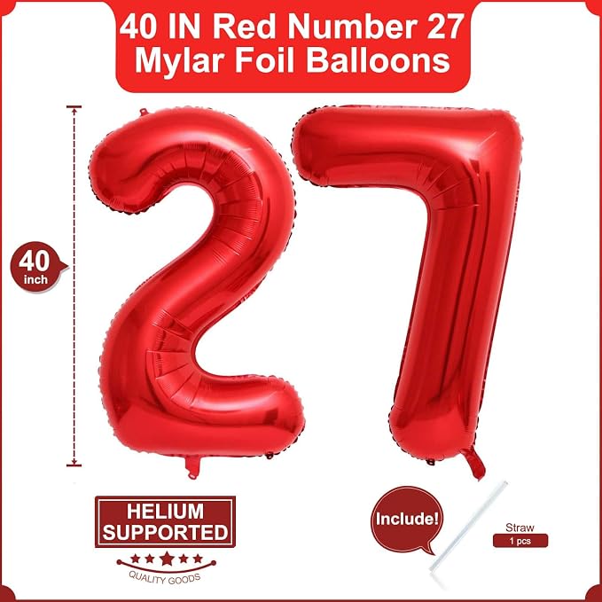 40 Inch Red 27 Balloons Giant Number 27 Balloons Red 27 Birthday Balloons 27th - Image 2