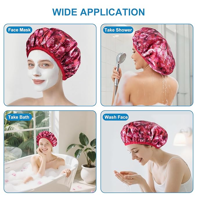 Upgraded Waterproof Terry Shower Caps, Reusable Shower Cap for Women with Long Hair, Soft Absorbent Hair-Protecting Towel Lining Bath Cap, Large Leak-Proof Hair Cap with Fashionable Print Outer-Red
