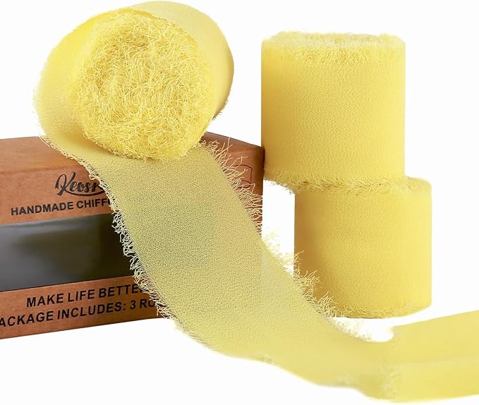 KEOSREE 3 Rolls Cream Yellow Handmade Chiffon Ribbon, 1.5" x21Yd | Frayed by KEOSREE