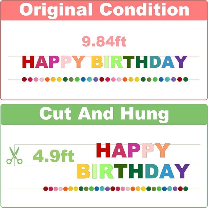 Pre-Strung 3D Felt Happy Birthday Banner, Rainbow Birthday Decoration | Reusable - Image 3