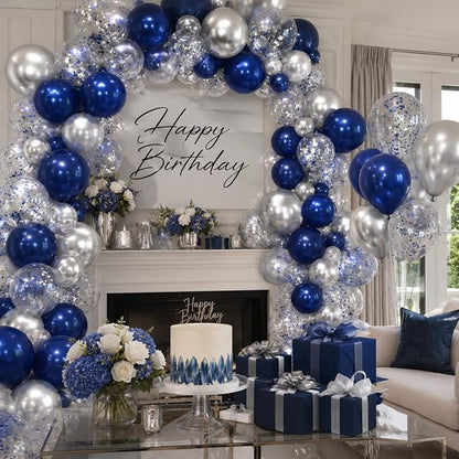 Navy Blue and Silver Balloons, 12 Inch Dark Midnight Blue Metallic Silver Latex - Image 4