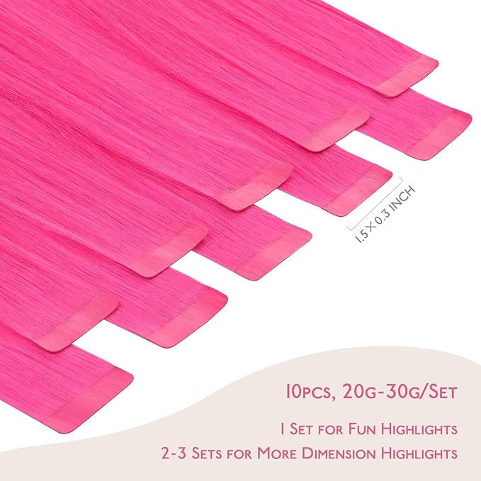 Wennalife Tape in Hair Extensions Human Hair Hot Pink Tape in Extensions, 10pcs 25g 14 inch Remy Invisible Tape Ins Straight Colored Soft Real Human Hair Tape in Extensions Refill Set Extensions
