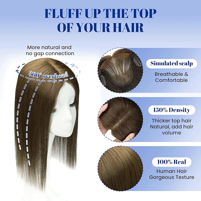 WORLDSTAR Hair Topper for Women Real Human Hair 360°3D Coverage Hairpieces Hand-stitched, No Bangs,65g,6 * 7 Inch Base,14 Inch #4 Medium Brown with Top Extension for Thinning Hair (tp#4-14)