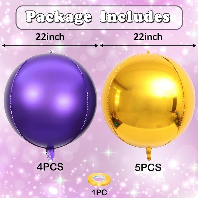 9 Pcs Purple Gold Round Foil Balloons Dark Purple Metallic Gold Chrome 4D Ball - Image 2