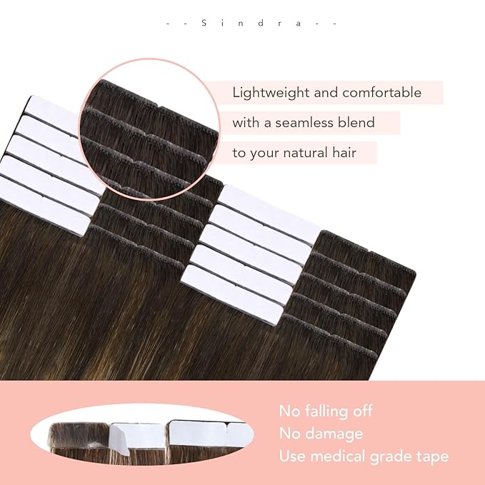 Sindra Invisi Edge Tape in Hair Extensions Human Hair, 18 Inch 50g 20pcs Dark Brown Mixed Chestnut Brown Invisible Extensions Natural Seamless Injected Tape Ins Straight
