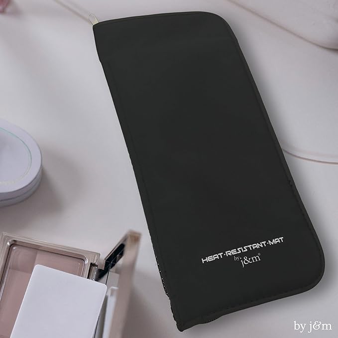Hair Straightener Mat & Pouch by j&m - Heat Resistant - Fits ghd, BaByliss & Larger Flat Irons - Zip-Up All-in-One Compact Travel Case