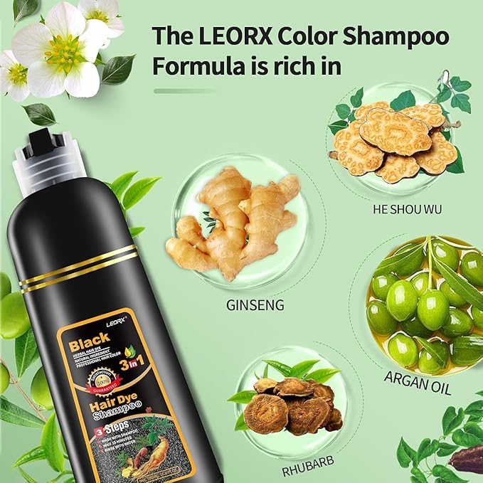 2 Pack Black Hair Dye Shampoo, Leorx 3 In 1 Black Color Shampoo Dye For Gray Hair Instant Herbal Coloring For Women & Men - Tintes Para El Cabello