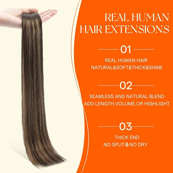 Full Shine Tape in Hair Extensions Human Hair 16 Inch Color Brown Ombre with Shadow Roots 2/8/2 Invisible Tape in Extensions Double Sided Machine Remy Hair Extension Tape ins 20Pcs 50Grams for Women