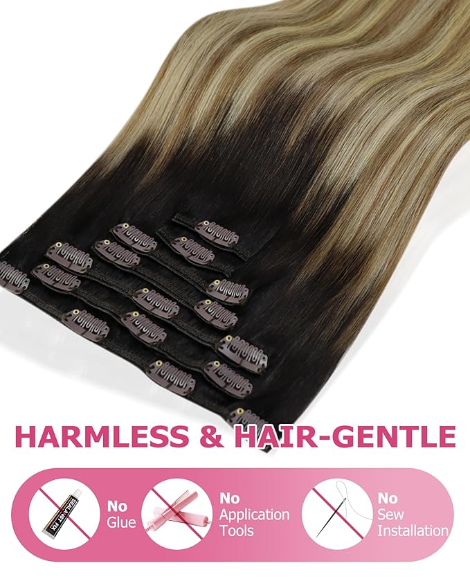 YoungSee Clip in Human Hair Extensions Dark Roots to Medium Brown Mix Blonde Balayage Real Hair Extensions Clip ins Human Hair Ombre Clip on Hair Extension for Women 16inch 120g