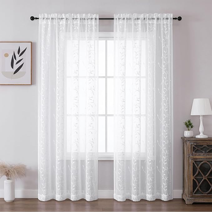 White Sheer Curtains Leaf Embroidery Linen 96 Inches Long | Light Filtering - Image 2