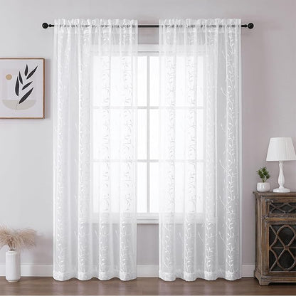 White Sheer Curtains Leaf Embroidery Linen 96 Inches Long | Light Filtering - Image 2