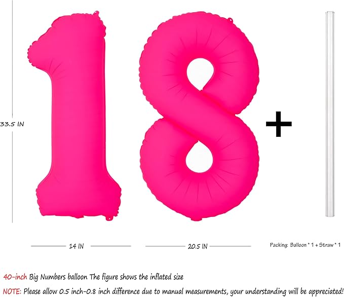 Pink Birthday Number 18 Balloons 40IN Fluorescent Pink 81 Foil Balloon | - Image 2