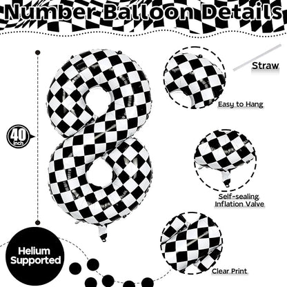 Foil 8th Birthday Number Balloon, Large Checkered Helium 8 Racing Balloons Decor - Image 2